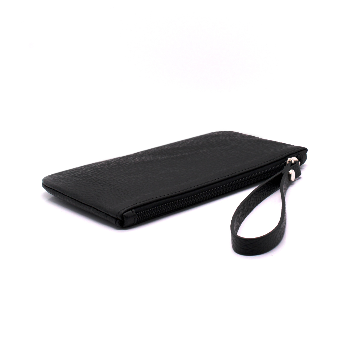 Pochette Unisex in Vera Pelle Nera Borsello con Manico da Polso